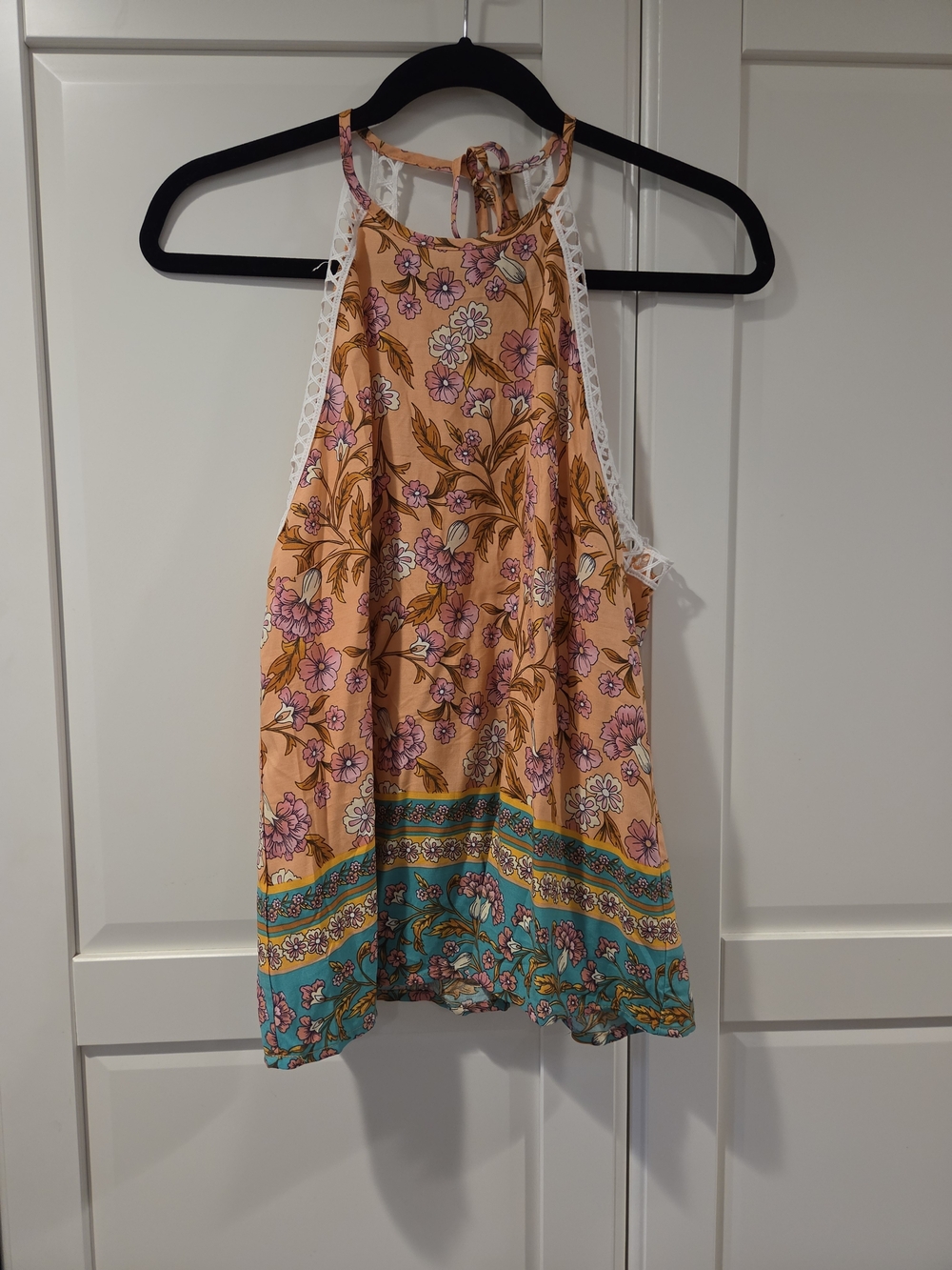 Cupshe Peach Floral Halter Tank with Teal Border and White Lace
